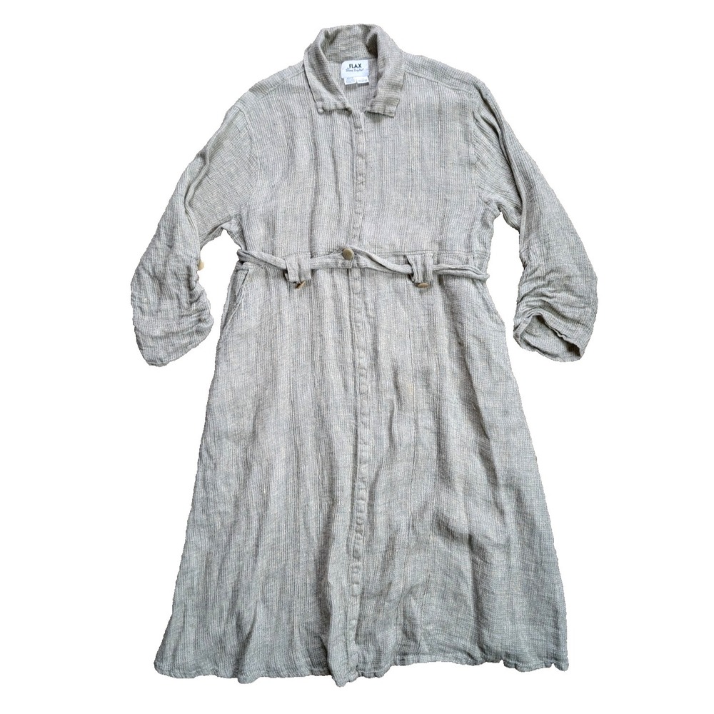 Flax Linen Dress Womens Size‎ 1G (18-20) Green Full Button Long Jeanne Engelhart